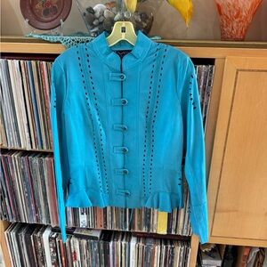 PRICE DROP: Vakko Turquoise Button-Front Butter-soft CUT-OUT LAMBSKIN LEATHER,10